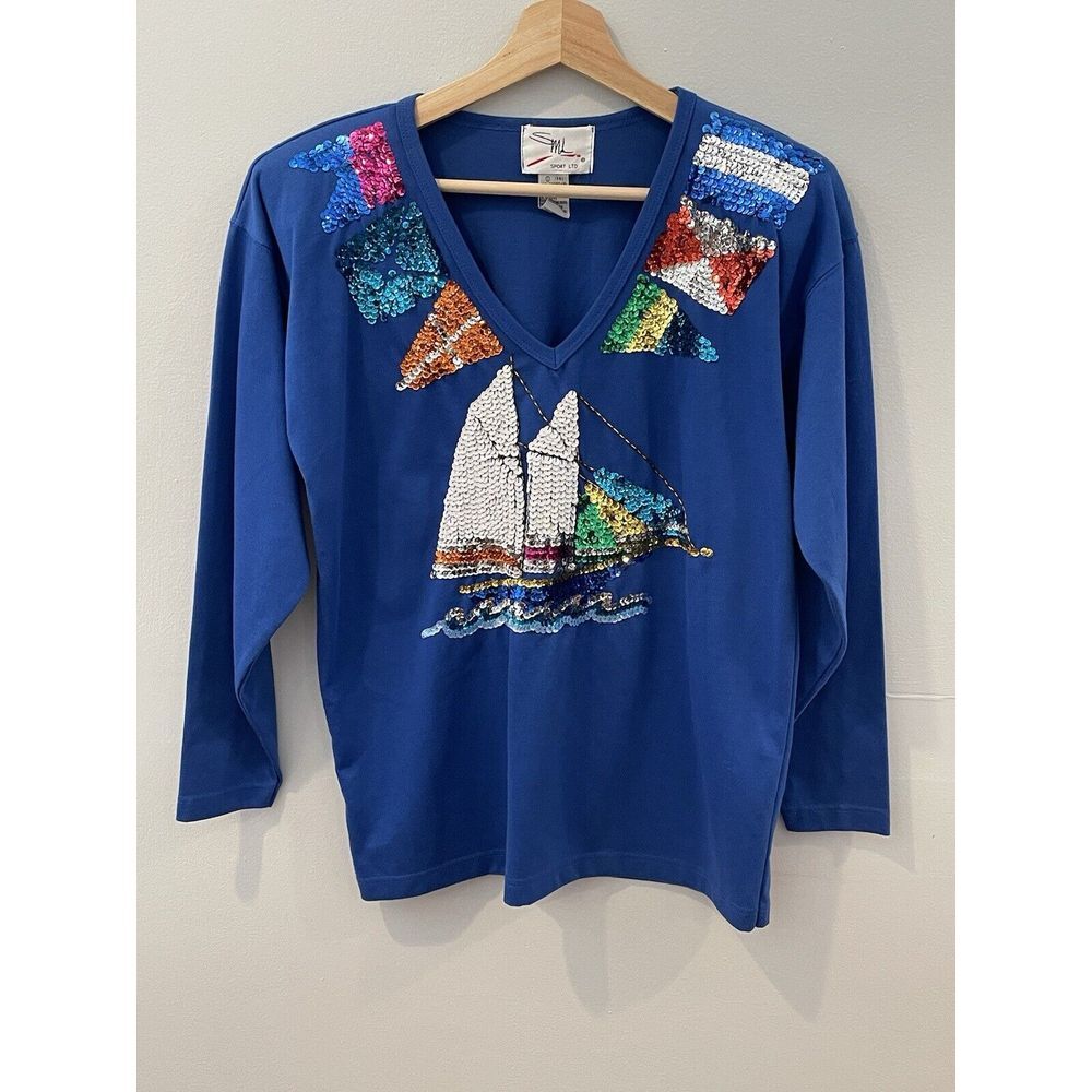 VTG 90s SML Sport Long Sleeve T-Shirt Womens Medium Sequin Nautical Grannycore